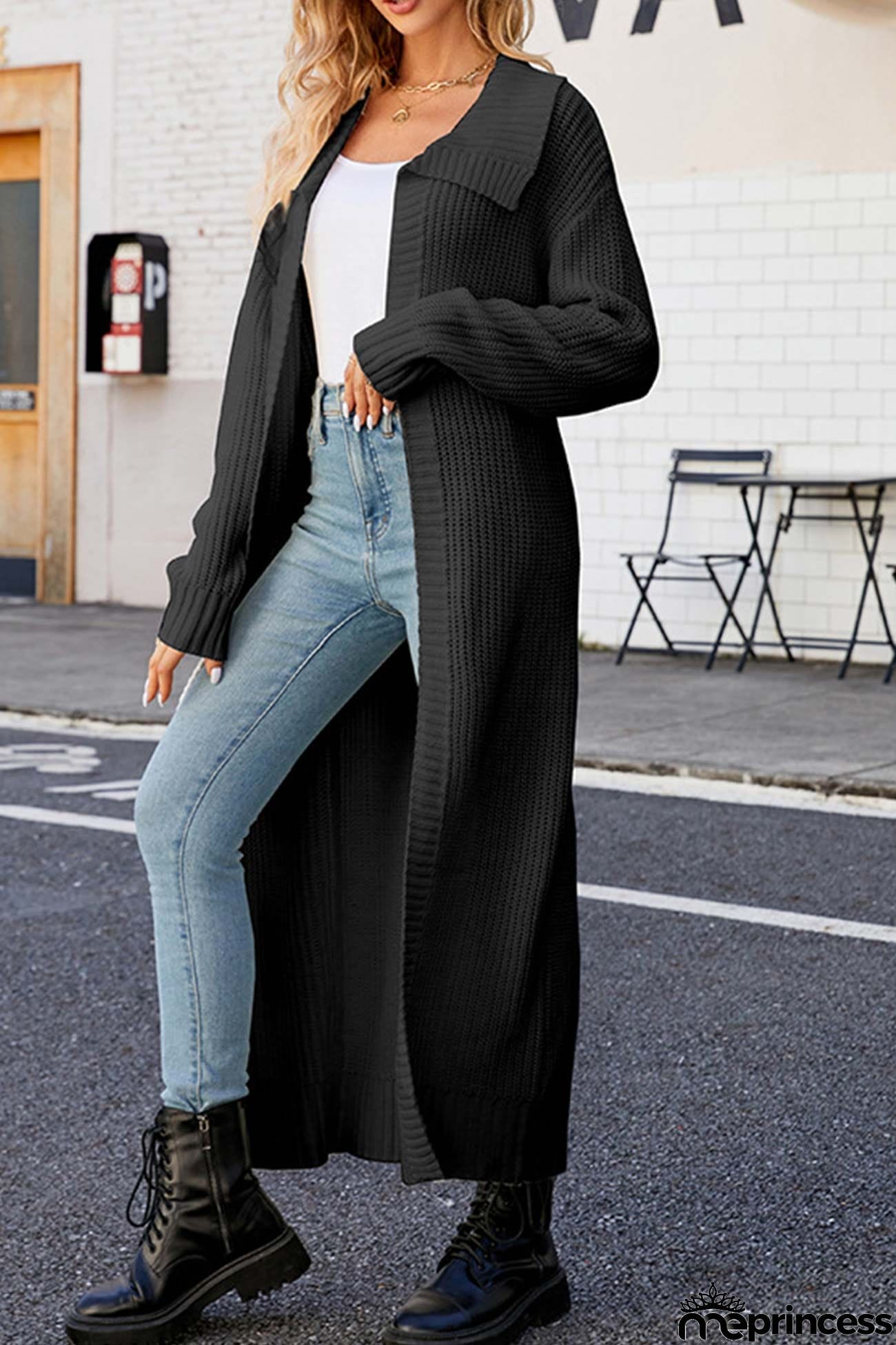 Lapel Ribbed Knit Open Front Cardigan