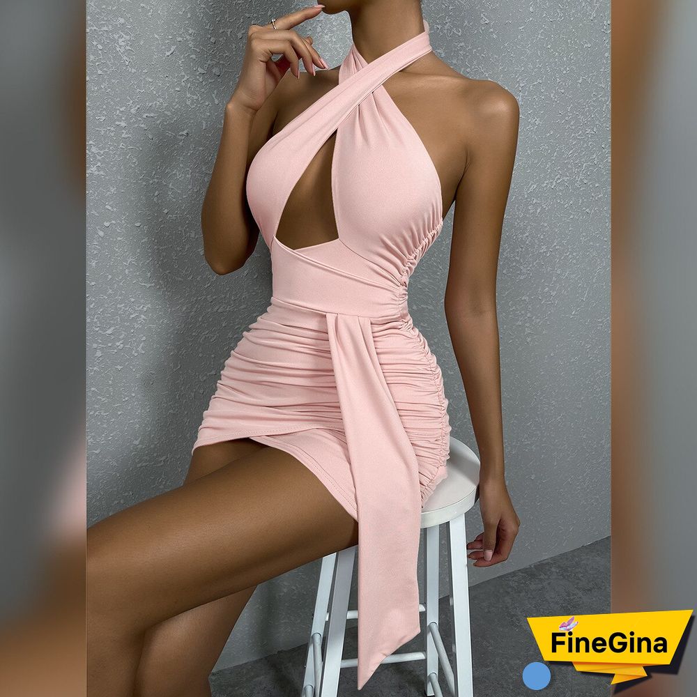 Rope Wrapped Hip Y2k Dress Women Sexy Cross Neck Open Back Pleated Dress Vestidos De Mujer