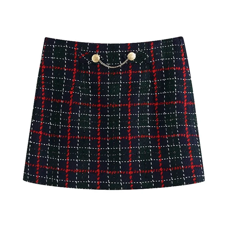 TRAF Women Chic Fashion With Metal Chain Tweed Check Mini Skirt Vintage High Waist Side Zipper Female Skirts Mujer