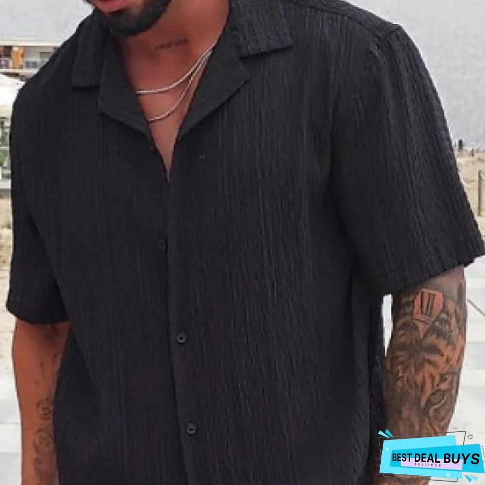 Men's Shirt Button Up Shirt Summer Shirt Camp Collar Shirt Cuban Collar Shirt Black Navy Blue Brown Short Sleeve Plain Turndown Street Casual Button-Down Clothing Apparel Fashion Casual Comfortable