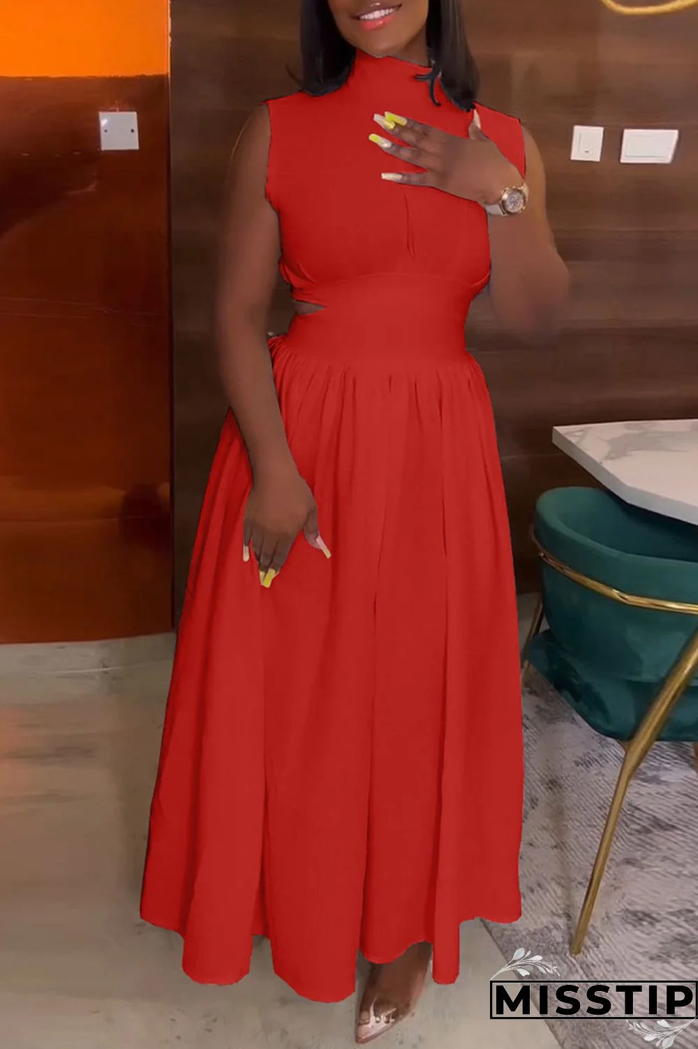 Black Elegant Solid Hollowed Out Patchwork Half A Turtleneck A Line Dresses