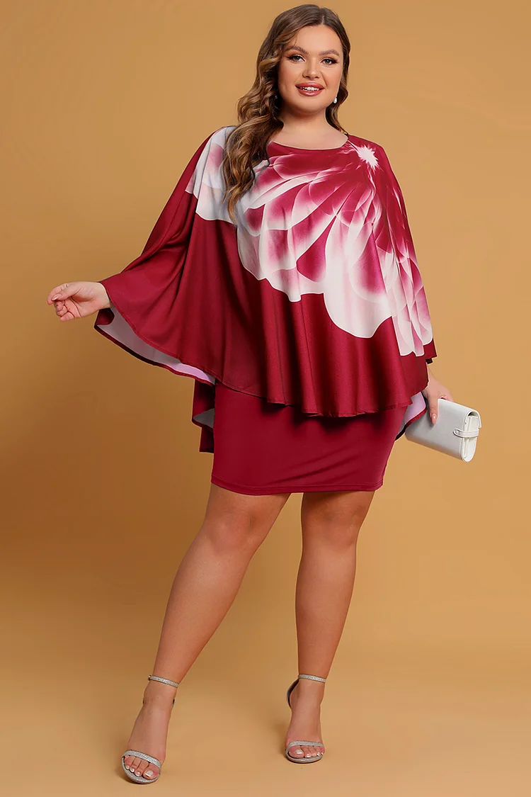 Plus Size Formal Wine Red Floral Print Cape Sleeve Round Neck Midi Dress FlyCurvy Flycurvy [product_label]