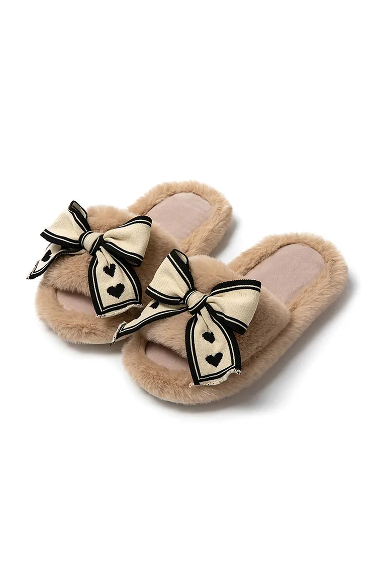 Bow Heart Slip-on Fuzzy Slippers