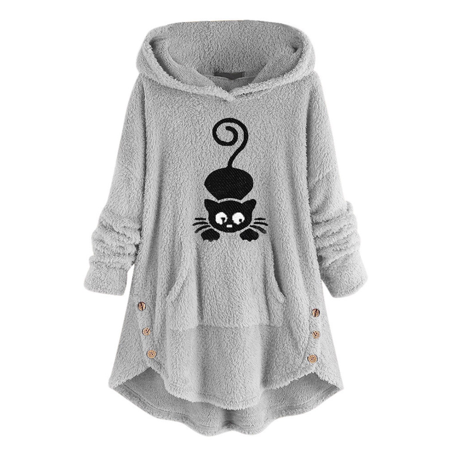 Women Black Cat Embroidery Pocket Coat Fluffy Hooded Plus Size Long Sleeve Winter Warm Pullover Kawaii Hoodies Fleece Sweatshirt