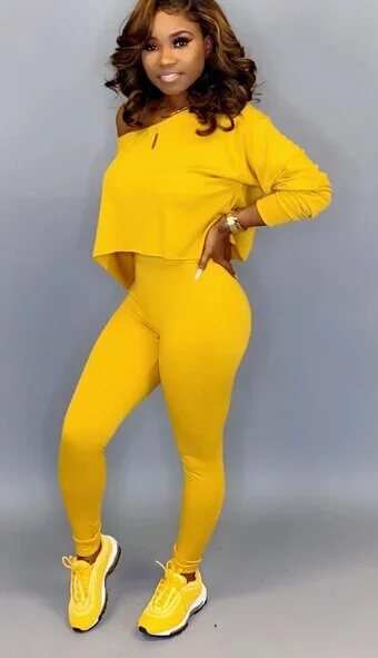 Women 2 Piece Outfits Long Sleeve Off Shoulder Crop Top Pants Set Casual Jumpsuit Autumn long Sleeve Pure  legging