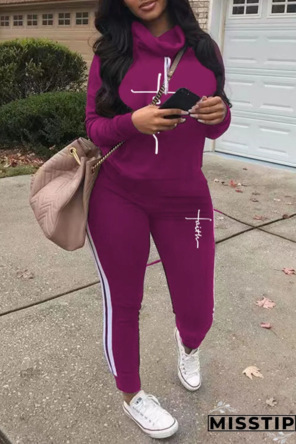 Army Green Casual Print Patchwork Turtleneck Long Sleeve Two Pieces