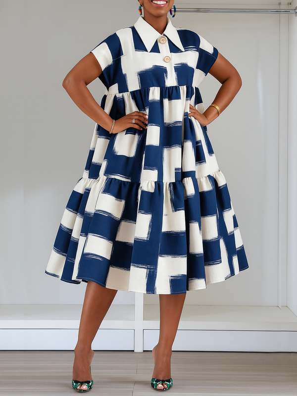Buttoned Contrast Color Pleated A-Line High Waisted Lapel Midi Dresses