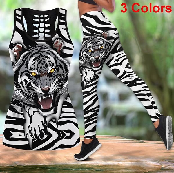 New Women Tiger Yoga Outfit 3D Printed Hollow Tank Top Workout Yoga Leggings Pants Fitness Sports Gym Running Yoga Set 3 Color