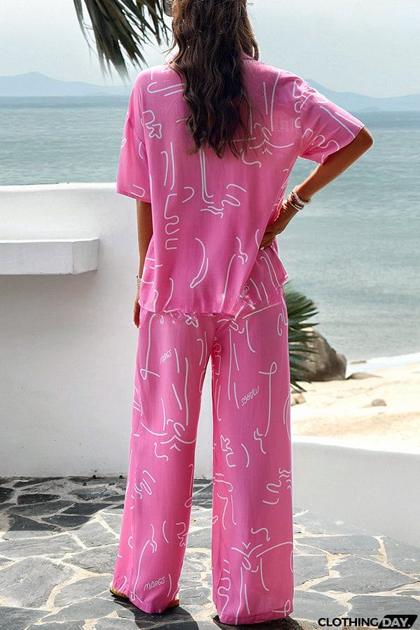 Fun Printed Button Pocket Long Sleeve Shirt and Elastic Waist Pants Set