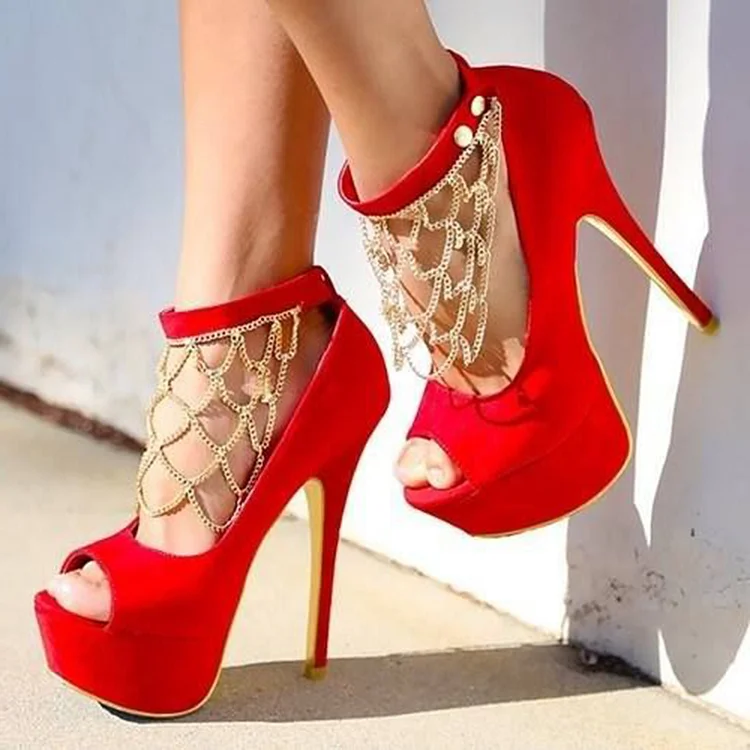 Elegant Red Peep Toe Shoes Stiletto Platform Heels Metal Chain Pumps |FSJ Shoes
