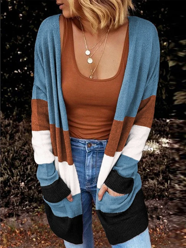 Blue Open Front Colorblock Cardigan with Pockets