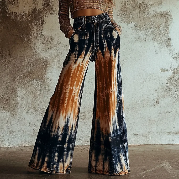 Vintage 90s Tie-dye Chain-decorated Denim Print Wide-leg Flared Trousers Casual Pants
