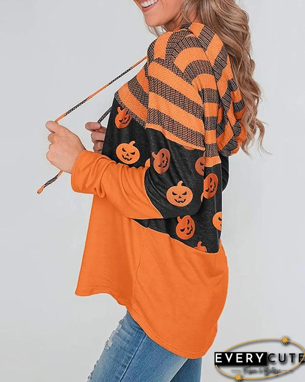 Pumpkin Print Color Block Splicing Drawstring Hoodies