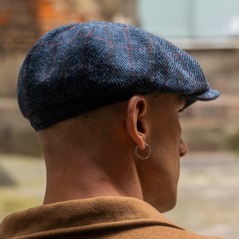 SHELBY Harris Tweed Genuine Scottish 8 Panels Newsboy PEAKED  Cap Applejack Bandit Hooligan Gangster Wool Ivy League Hat BLUE-RED