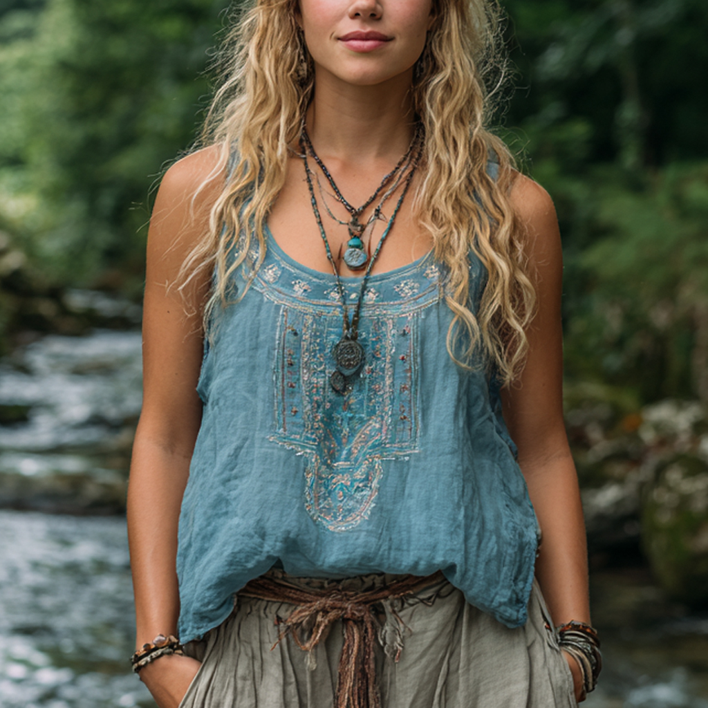 Bohemian Women's Printed Linen Sleeveless Tank Top Casual Camisole
