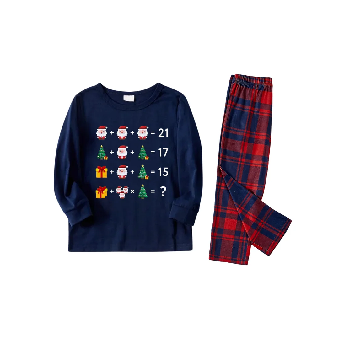 Christmas Tree and Santa Claus Prints Blue Long Sleeves Top with Red & Blue Plaid Pants Family Matching Pajamas