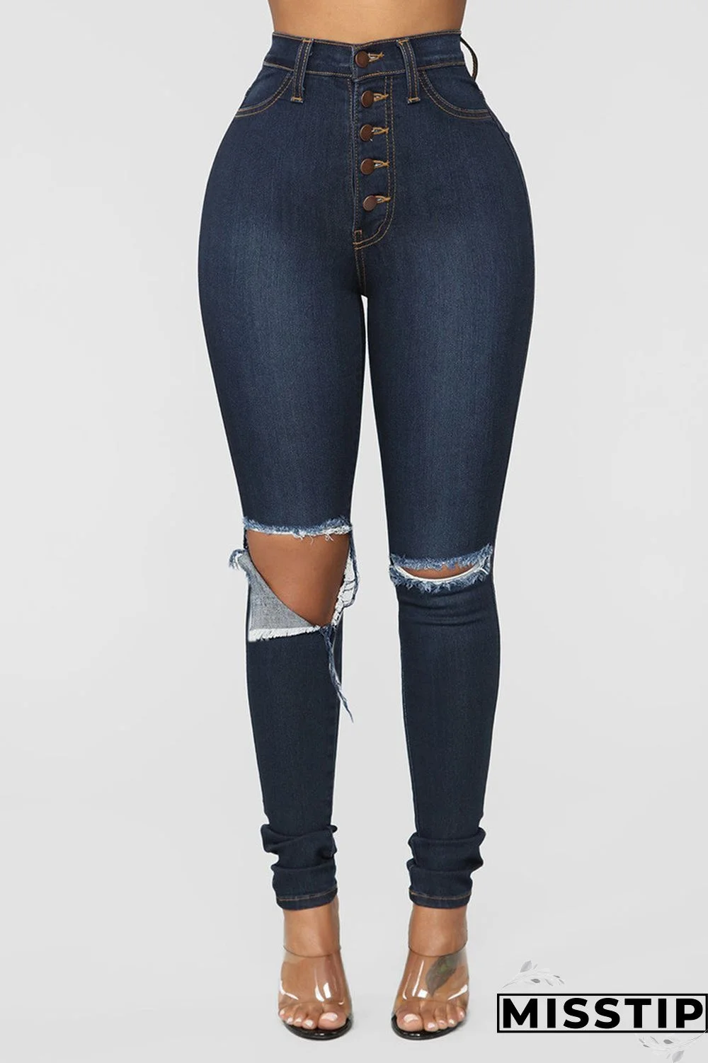 Dark Blue Fashion Casual Solid Buckle High Waist Skinny Jeans