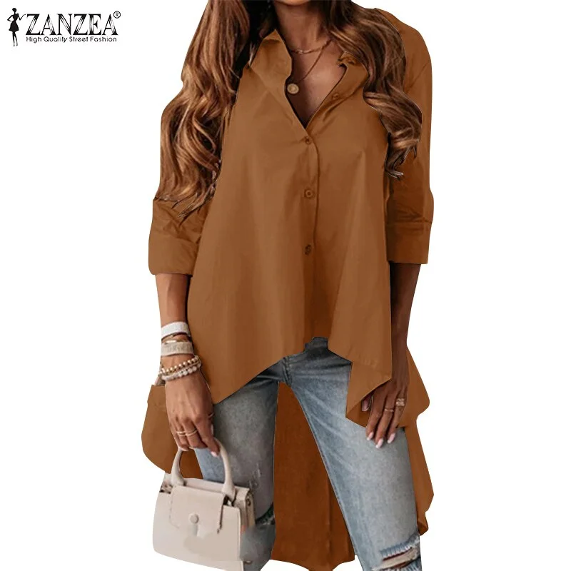 Asymmetrical Shirts Women Elegant Solid Tops ZANZEA Fashion Lapel Blusas Autumn OL Oversized Blouse Female Casual High Low Tunic