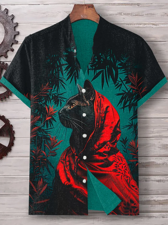 Men's Mysterious Red Robe Black Cat Magic Forest Art Print Shirt