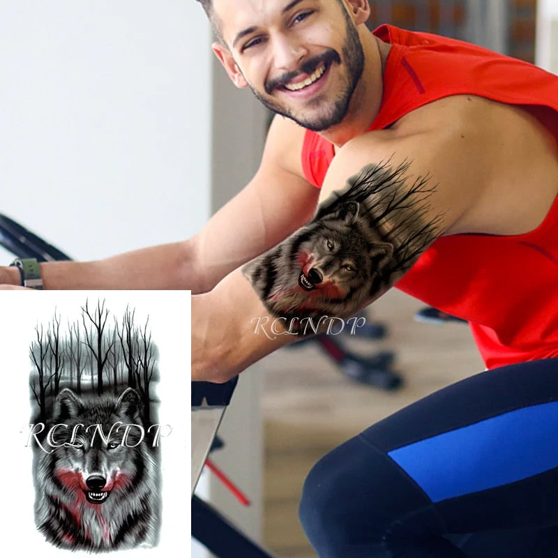 Waterproof Temporary Tattoo Sticker Wolf Crow Bird Forest Tree Black Fake Tatto Flash Tatoo Arm Leg Big Art for Women Men