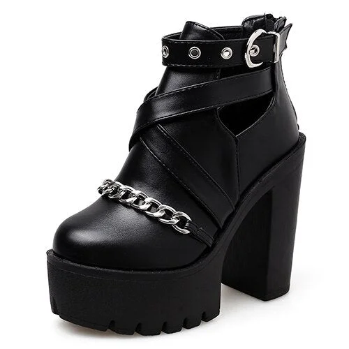 Gdgydh Plus Size 42 Fashion Chain Women Shoes Zipper Square High Heel Ankle Boots For Women Punk Shoes Platform Spring Autumn