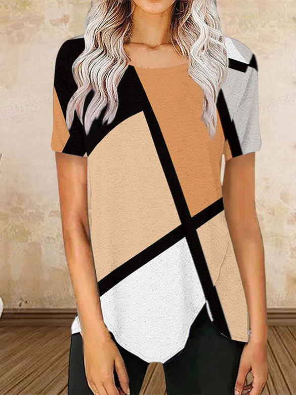 Women's Summer Short Sleeve Scoop Neck Geometric Print Leopard Print Loose Casual Top