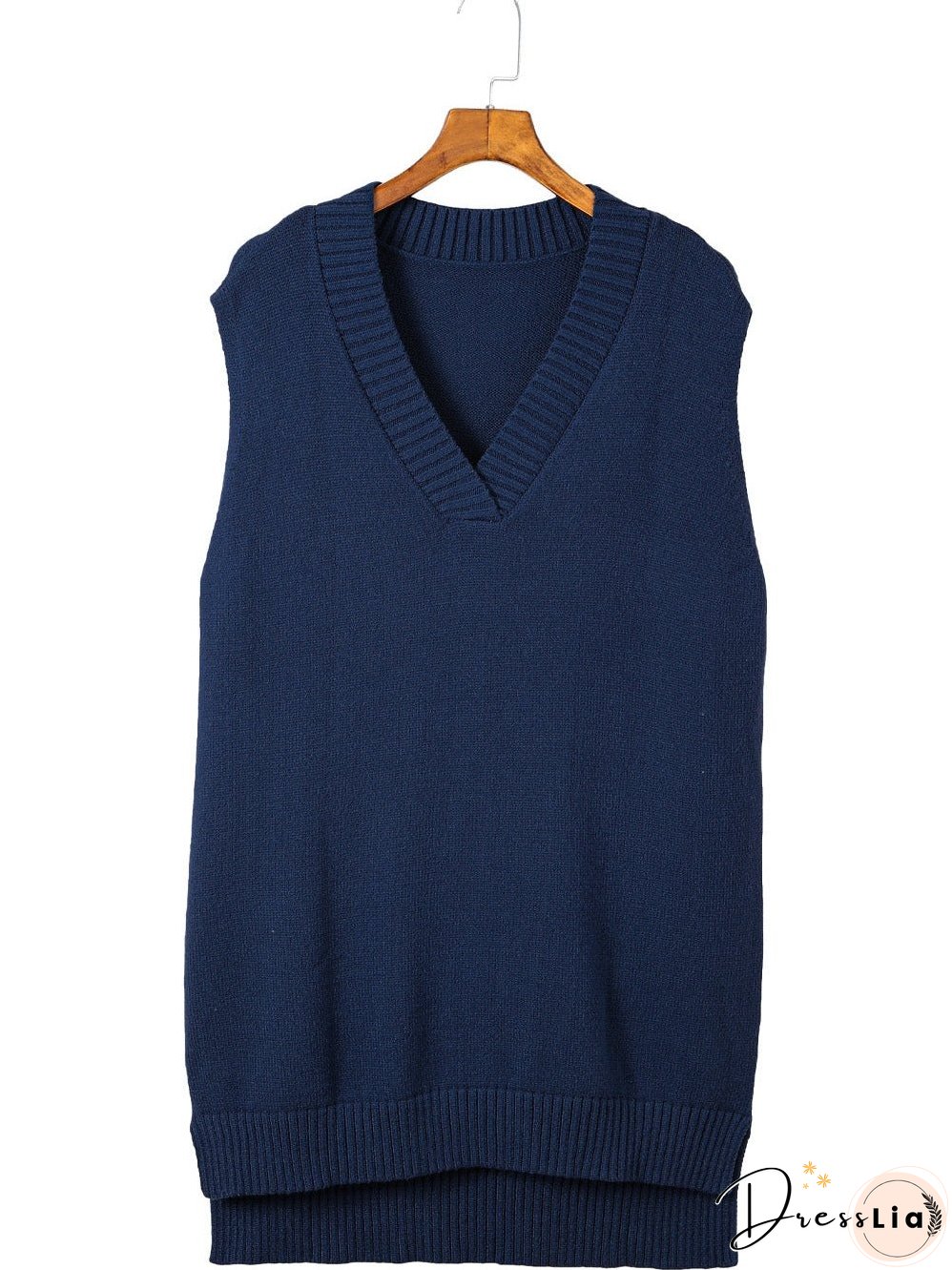 Navy Blue Ribbed Knitted Sleeveless Vest Sweater