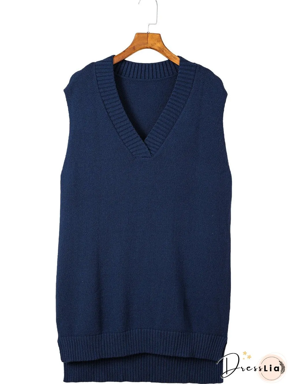 Navy Blue Ribbed Knitted Sleeveless Vest Sweater
