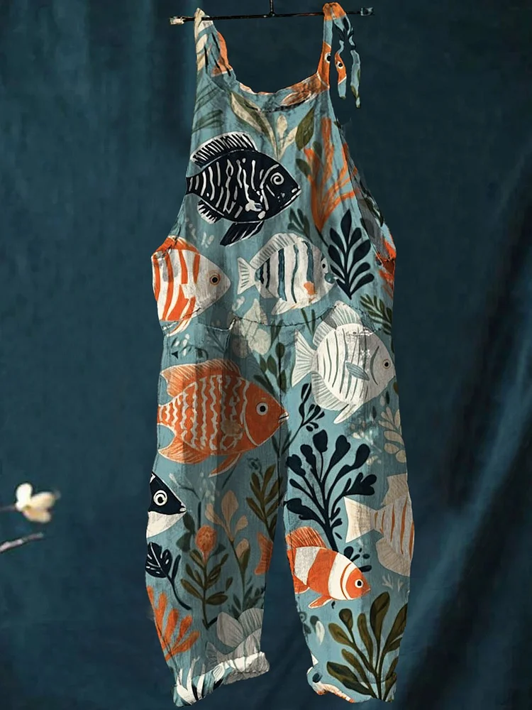Women's Vintage Lovely Fish Art Print Casual 100% Cotton Wide Leg Jumpsuit