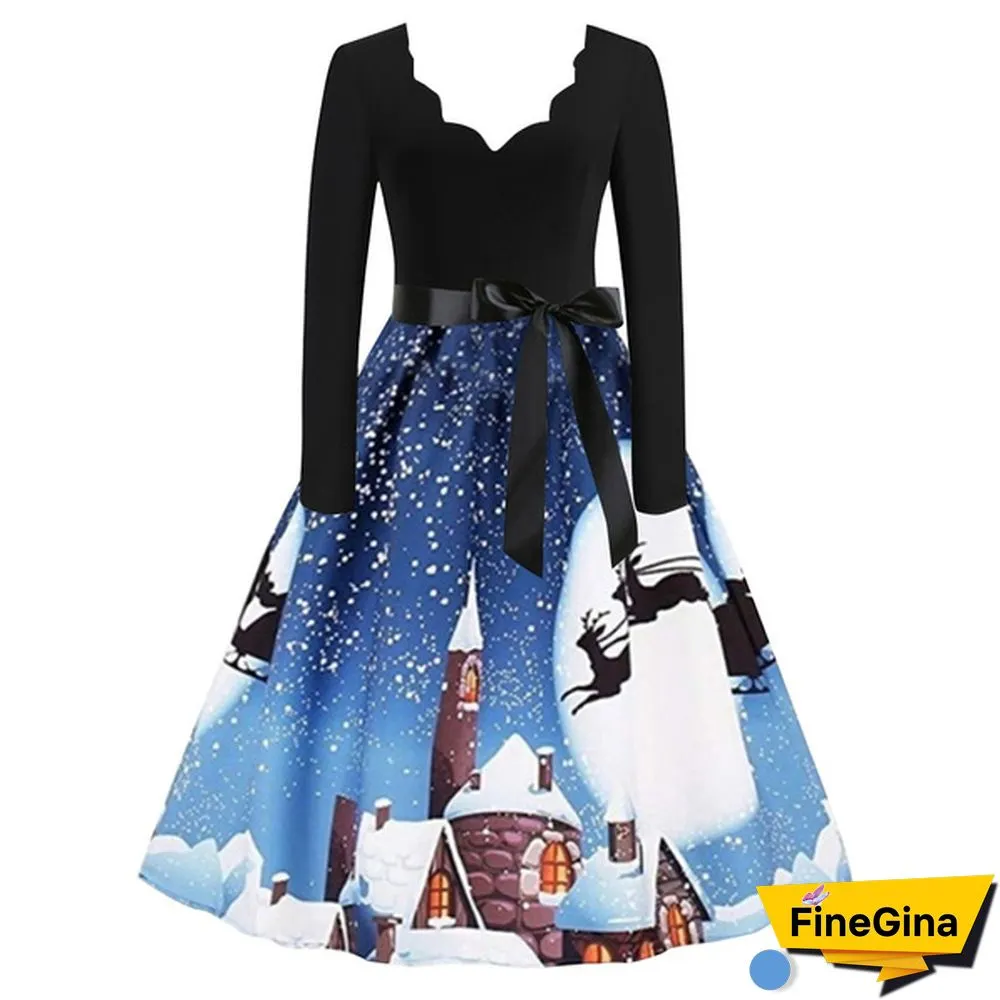 Womens Fashion Casual Dress Lace V Neck Christmas Deer Musical Notes Cat Print Santa Cluas Snowflake Dress Christmas Dress Print Vintage Flare Dress Bowknot High Waist Swing Dress