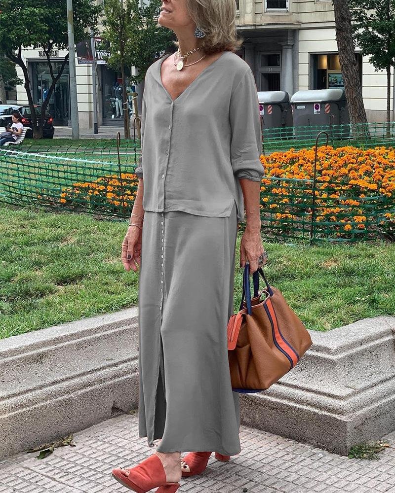 Buttoned Casual Simple Color Two Piece Suit