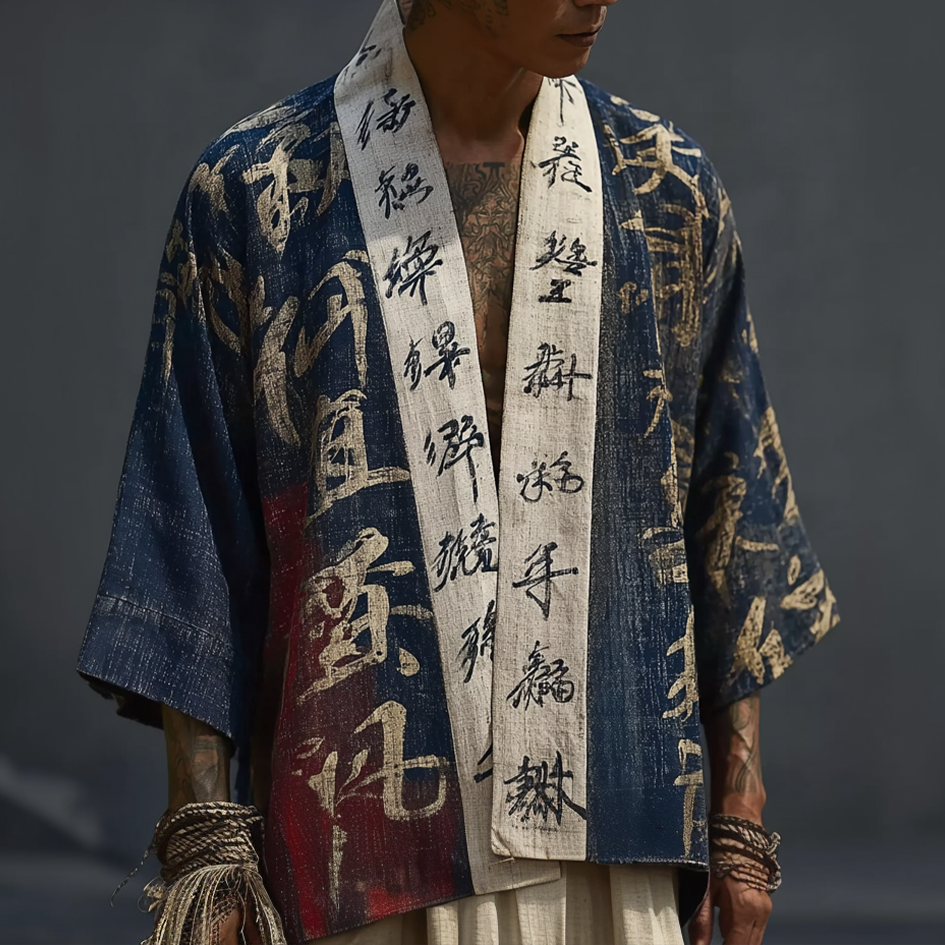 Japanese Art Retro Line Art Pattern Men's Linen Long Kimono  artssus