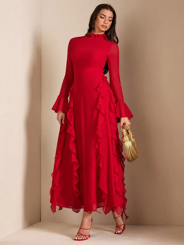 chiffon long sleeve maxi dress Red Chiffon dress