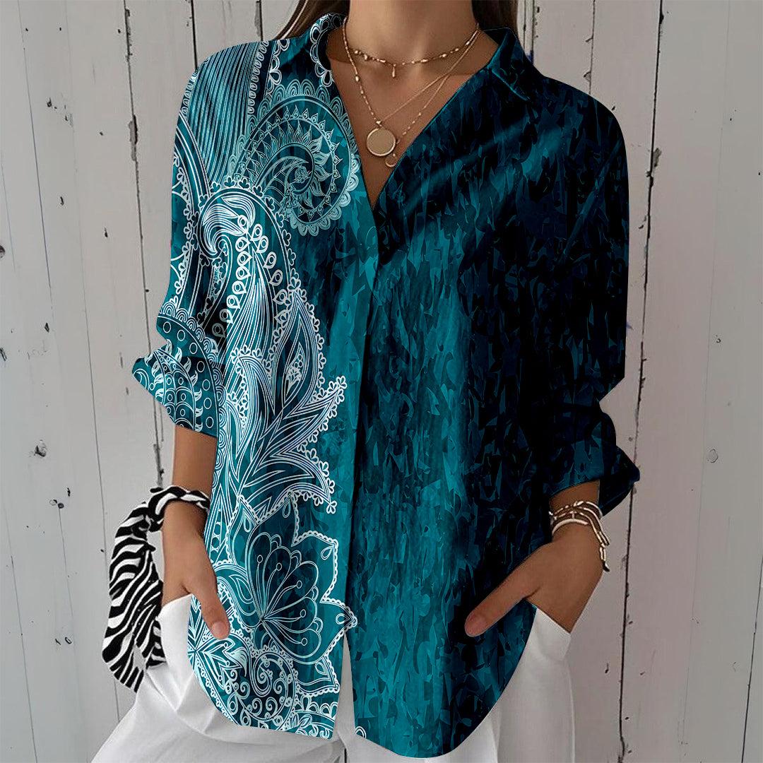 Women Long Sleeve V-neck Graphic Floral Printed Top