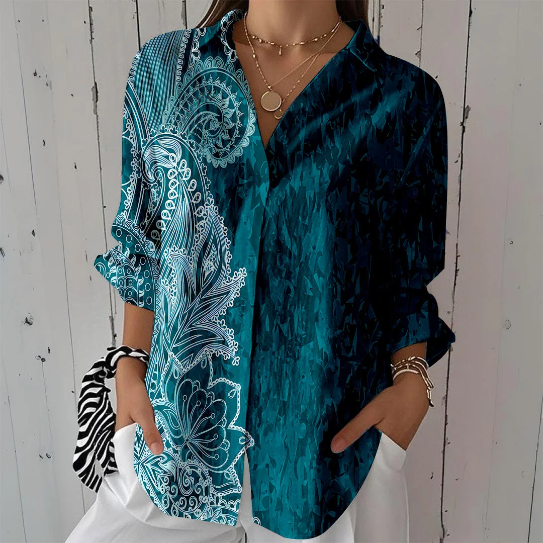 Style & Comfort for Mature Women Women Floral, Green DZCL0455 3/4 Sleeve Shirt Collar Printed Button Tops