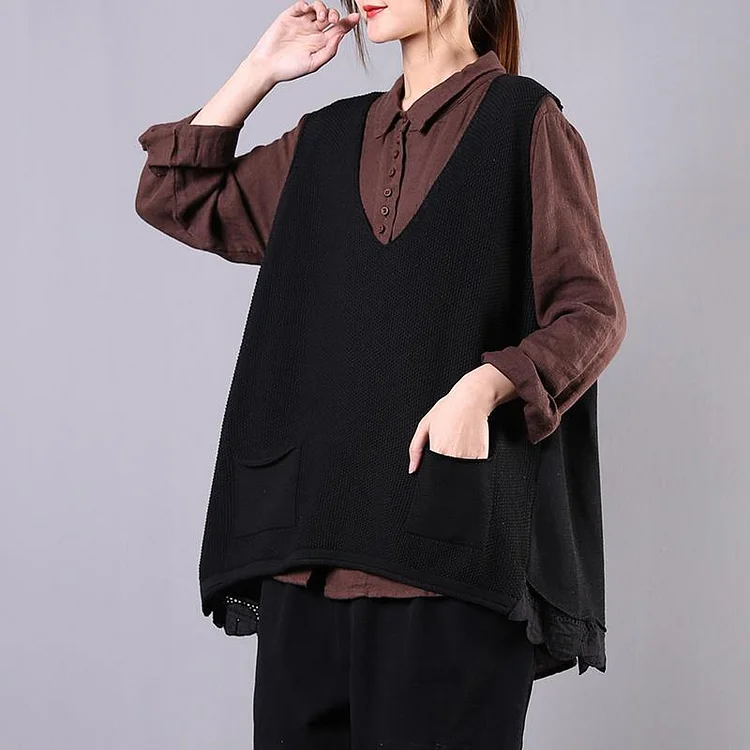 Modern v neck sleeveless cotton spring clothes For Women black tops