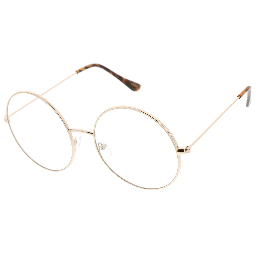 Classic Oversize Slim Metal Frame Clear Flat Lens Round Eyeglasses 56mm