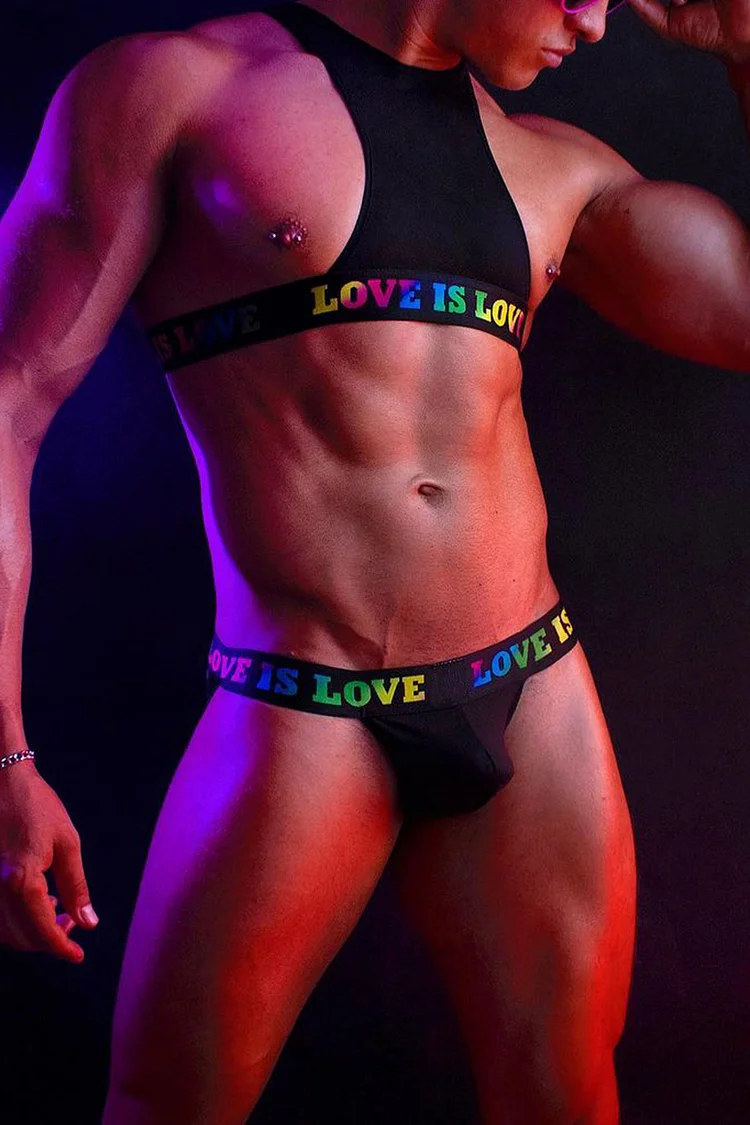 Rainbow LOVE Print Stretchy Bodycon Festival Crop Tank Top Briefs Black Two Piece Set