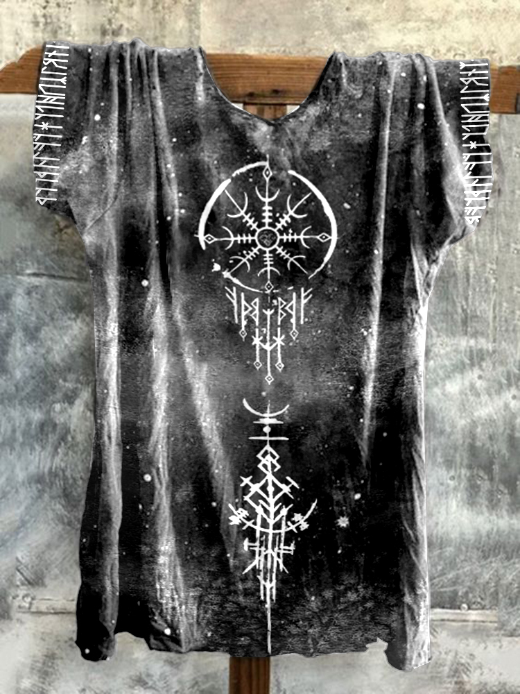 Comstylish Viking Totem Tie-Dye Printed Round Neck Short-Sleeved T-Shirt