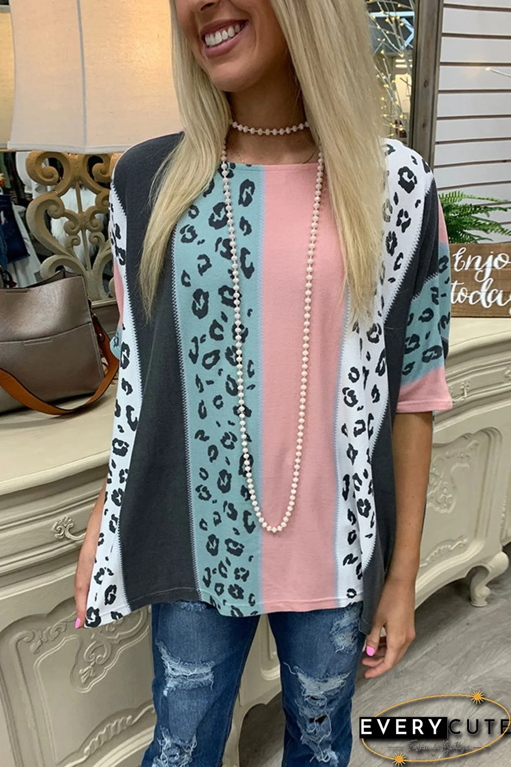 Loose Colorblock Leopard Print T-shirt