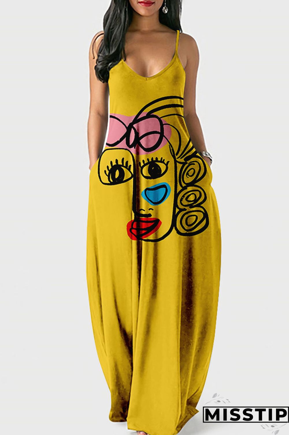 Red Street Print Patchwork Spaghetti Strap Lantern Dress Dresses