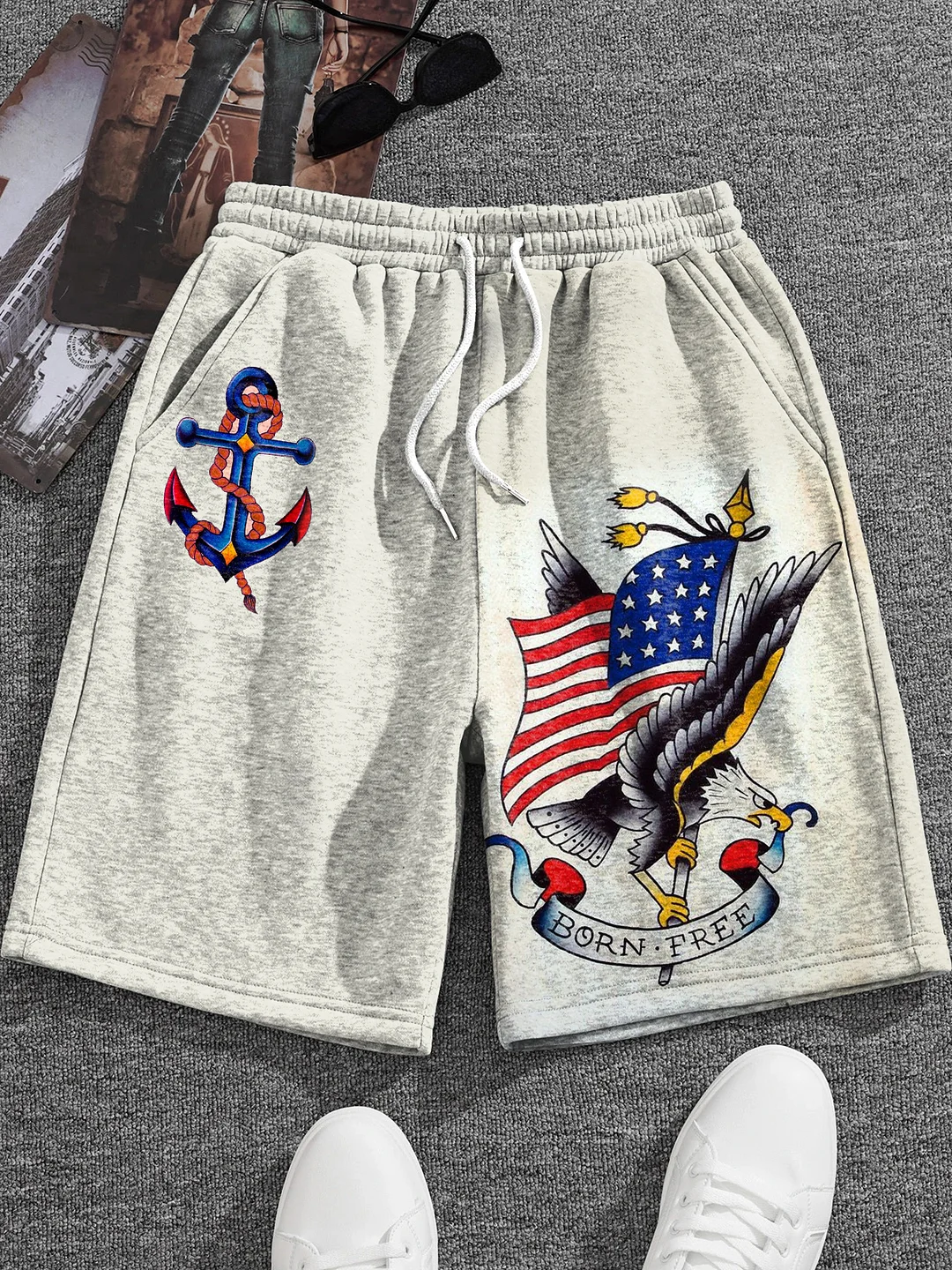Men's Vintage Eagle Anchor American Tattoo Print Casual Shorts