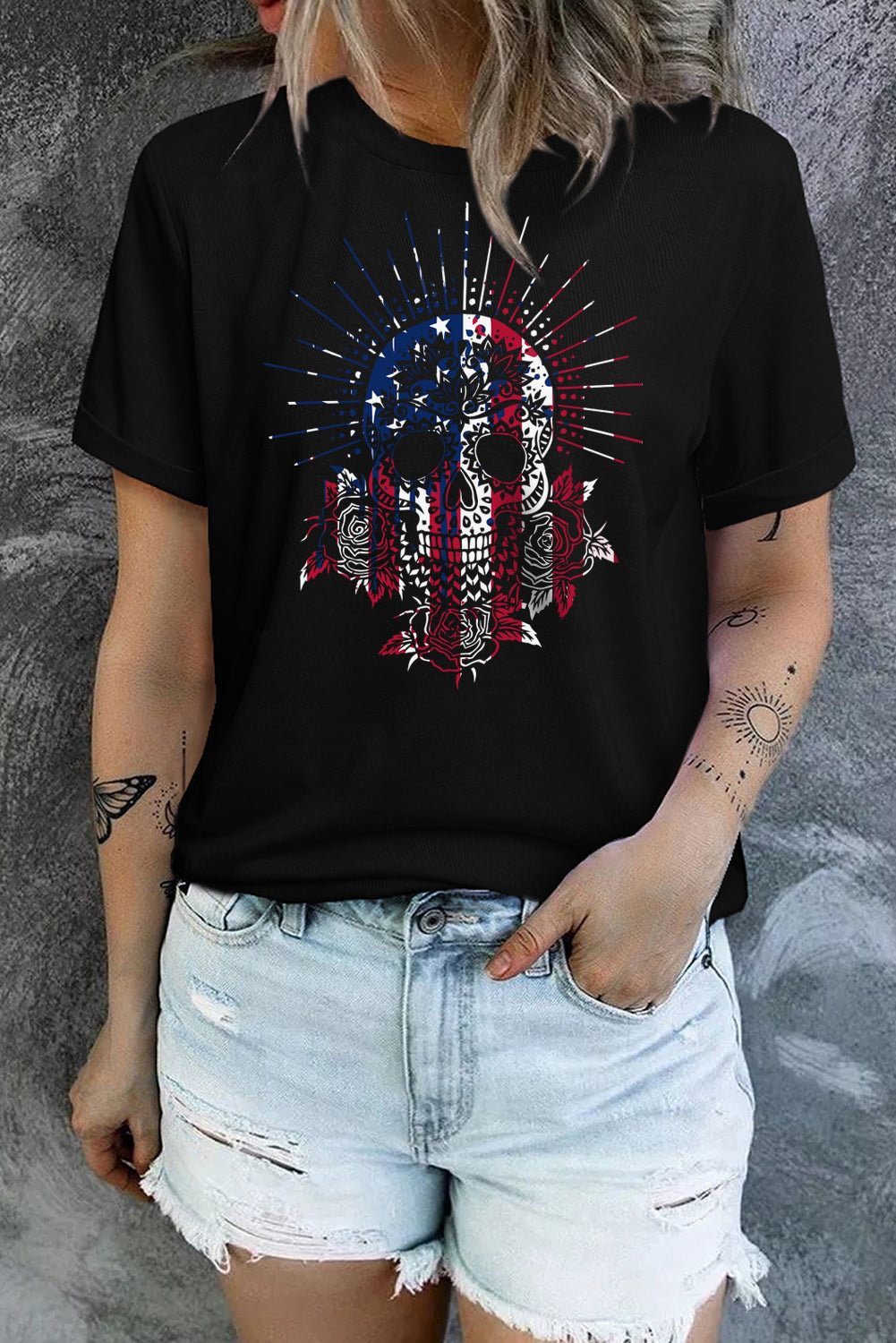 American Flag Skull Floral T-Shirts