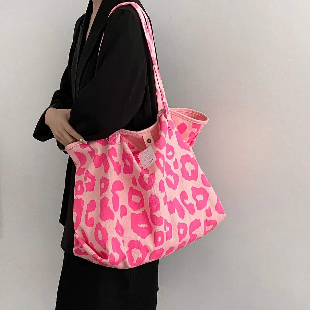 Women Shoulder Bag 2022 Canvas Totes Bag Girl Fashion Casual Large Capacity Shopper Bag With Snap Cute Leopard Printing Handbags