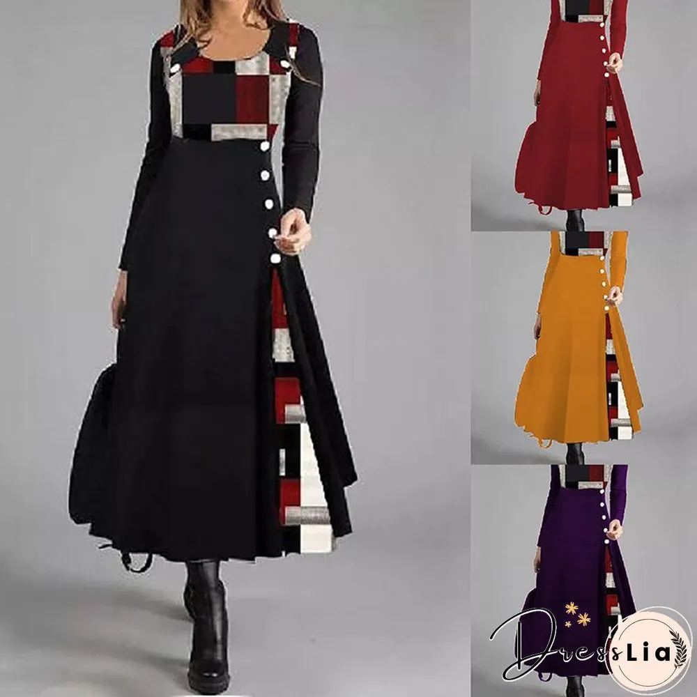 Womens O-Neck Patchwork Button Loose Pullover Long Dress Autumn Pattern Print A-Line Party