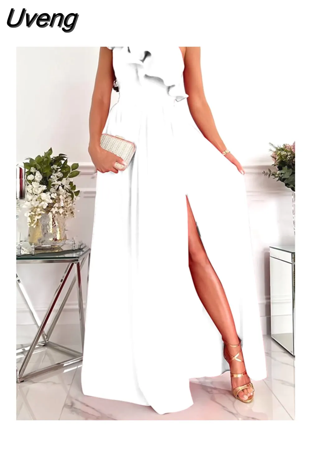 Uveng Sexy Fashion Sleeveless Off Shoulder Slash Neck Ruffles Slit Maxi Dresses Grace Waist Evening Dresse Vestidos De Fiesta 420-0