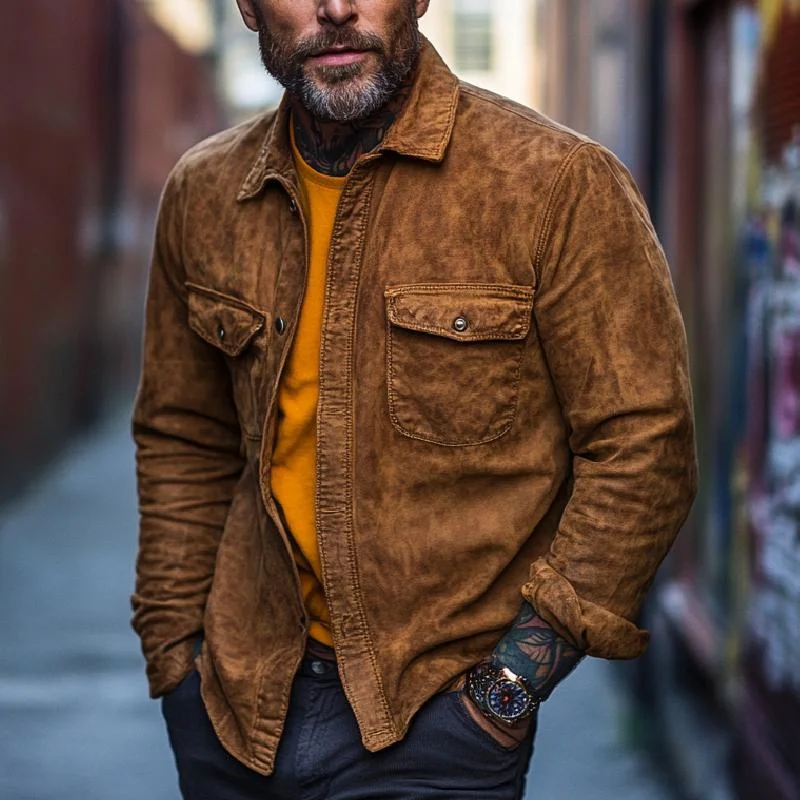 Men's Classic Suede Lapel Long Sleeve Shirt
