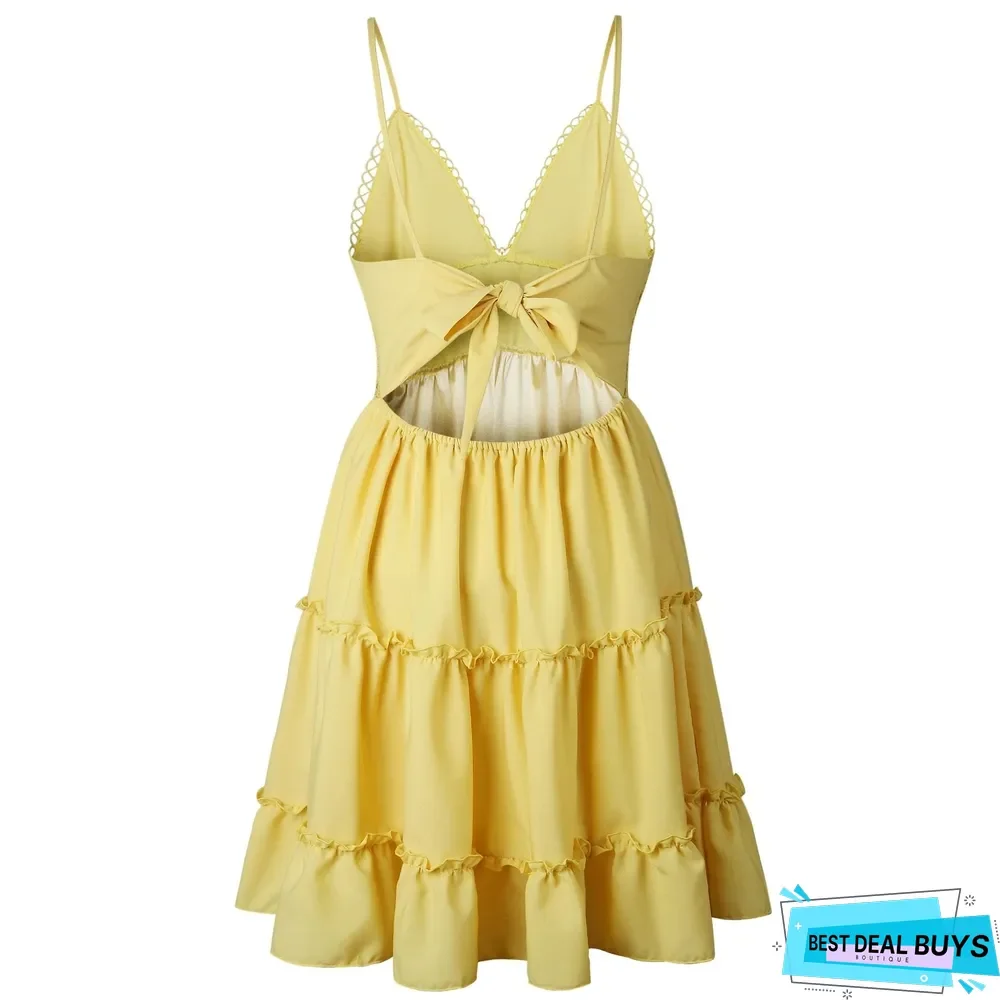 Women Lace Sexy Backless V-Neck Beach Dresses Sleeveless Mini Sundress White Dresses