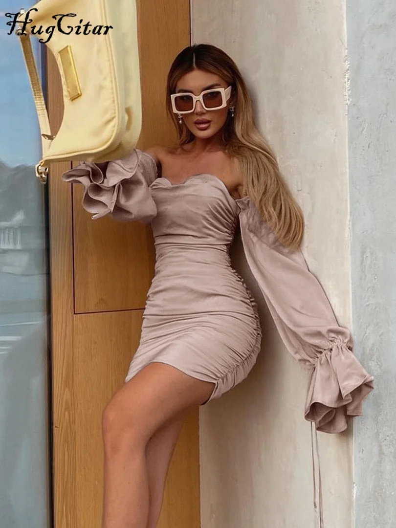 Hugcitar Women Solid Long Loose Flare Sleeve With Drawstring Ruched Mini Dress 2021 Autumn Streetwear Outfit Fashion Y2K