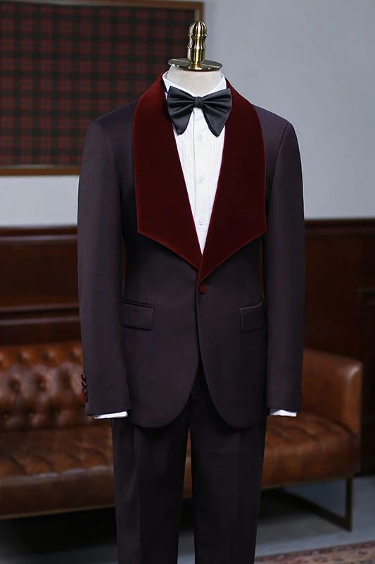 Alexander Fashionable Burgundy 2 Pieces With Velvet Lapel Wedding Suit For Bridegrooms